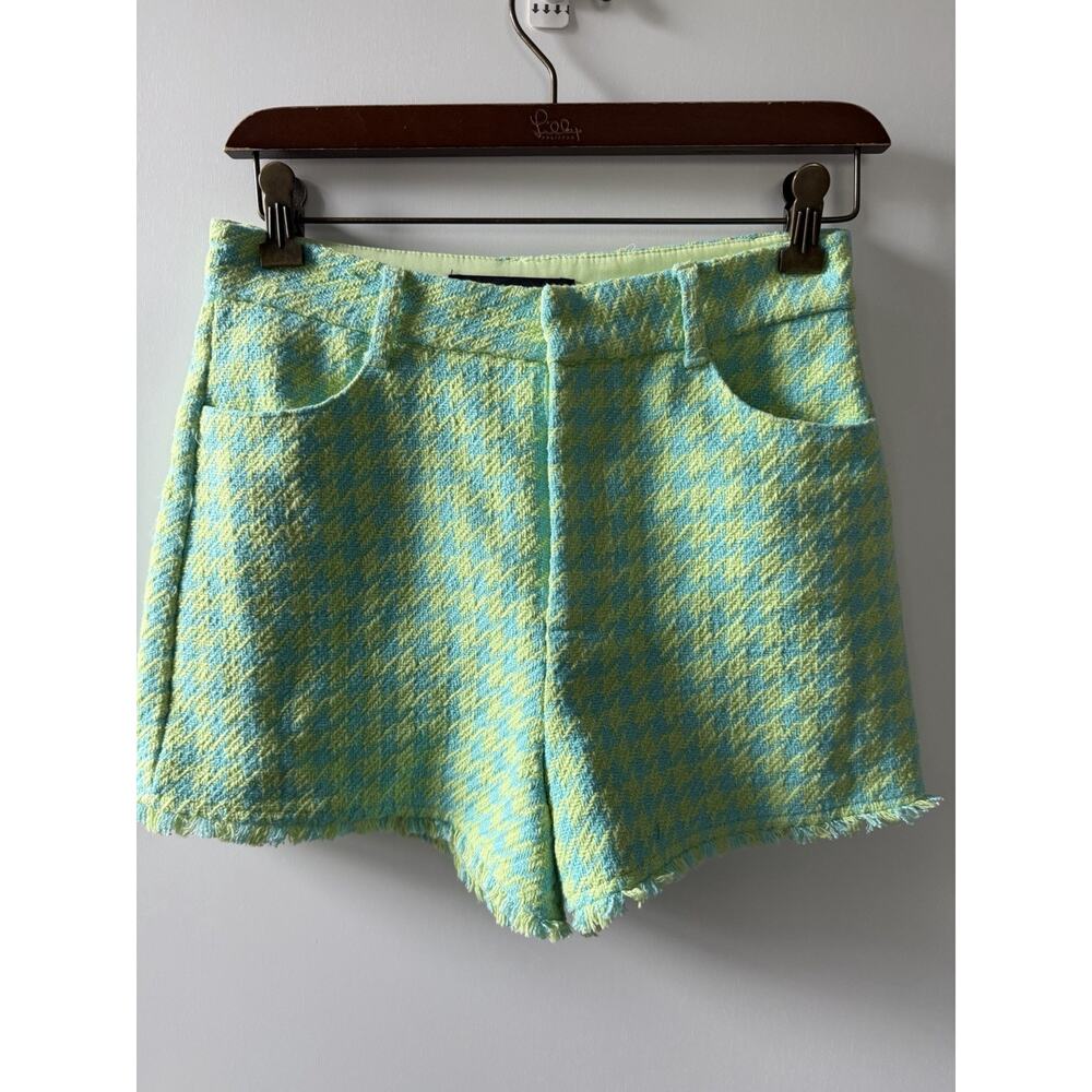 Zara Houndstooth Tweed Frayed Shorts Womens Size S Blue Green High Rise Casual